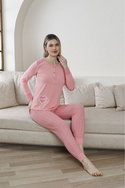 BEYAZTOPTAN Women's Long Sleeve Heart Pudra Pajama Set