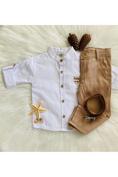 togi Boy's Set - Prevailing Collar Linen Shirt and Belted Trousers