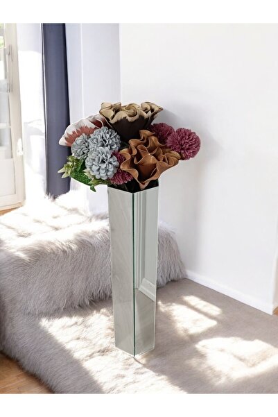 BeQ Home Vază Hexagonală Argintie Oglindă 60 Cm Vază Mare de podea - Vază Decorativă Argintie Oglindă Lungă (Înaltă)