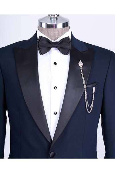 TerziAdemAltun Italian Cut Slim Fit Pointed Collar Jacket Trousers Groom Suit Set Navy Blue T9191