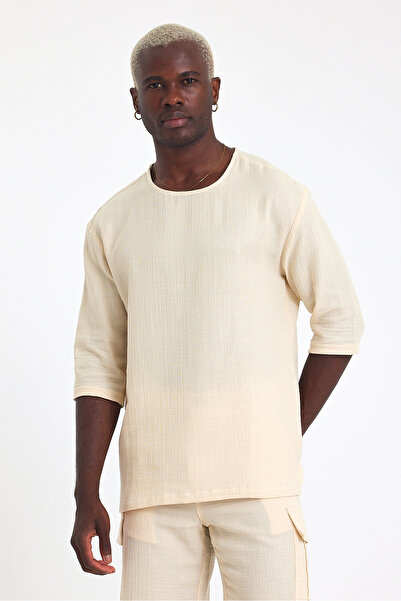 İLKCET MODA Ανδρικό μπλουζάκι με μισό μανίκι κανονικό λινό