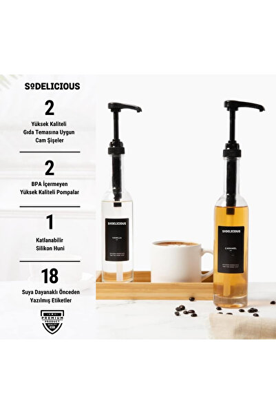 SODELICIOUS COFFEE TEA 2’li Set | 330ml Pompalı Cam Şurup Şişesi- Kahve , 18 Çeşit Siyah Etiket + Silikon Huni Hediyeli