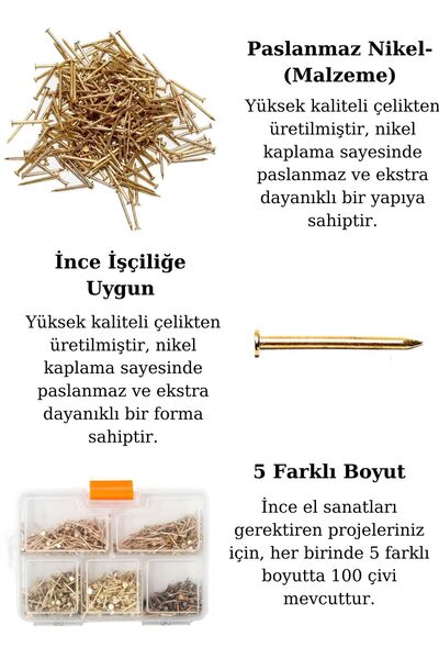 Netzerkoz 500 Adet 5 Çeşit Nikel Kaplı Küçük Dekoratif Ahşap Çivileri- Süs eşyaları, İnce işçilik
