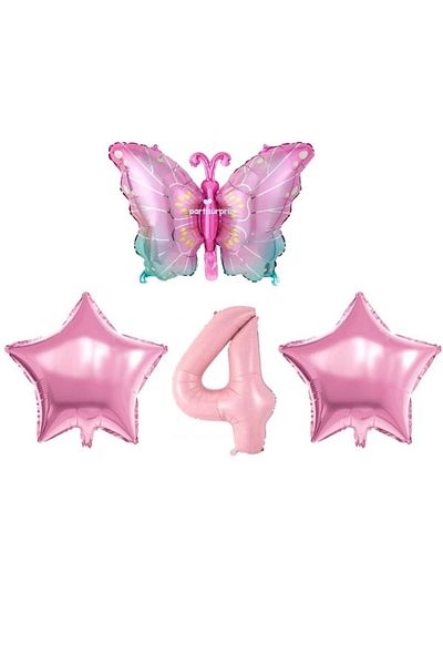 parti sürprizi Pink Butterfly 4 Year Old Foil Balloon Set