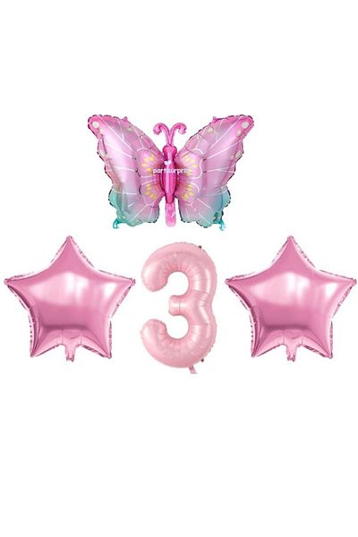 parti sürprizi Pink Butterfly 3 Year Old Foil Balloon Set