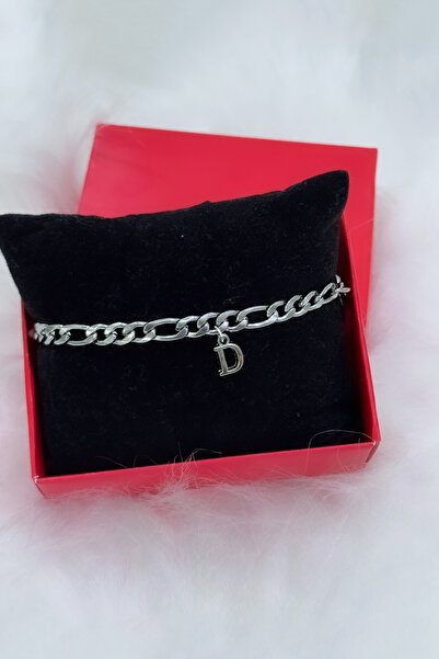 The Collection Unisex Tarnish Stainless Steel Silver Letter Figaro Chain Bracelet