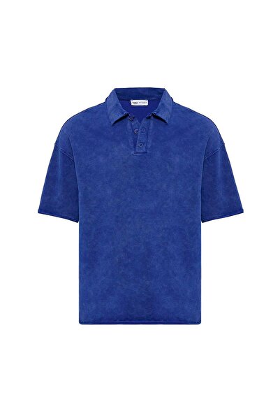 Vamos Polo Yaka Yıkamalı Oversize Tişört Saks