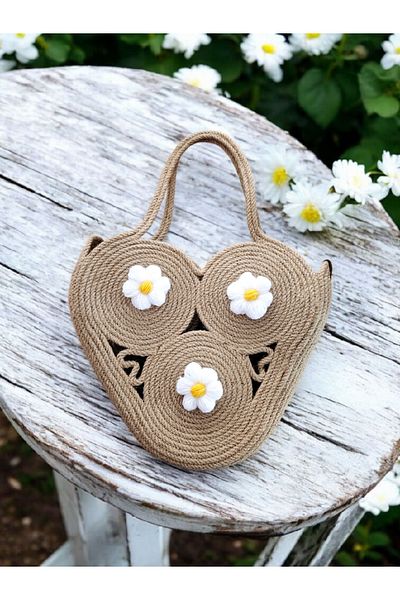 Collessia Home Handmade Jute Straw Bag Rope Bag with Daisy Motif