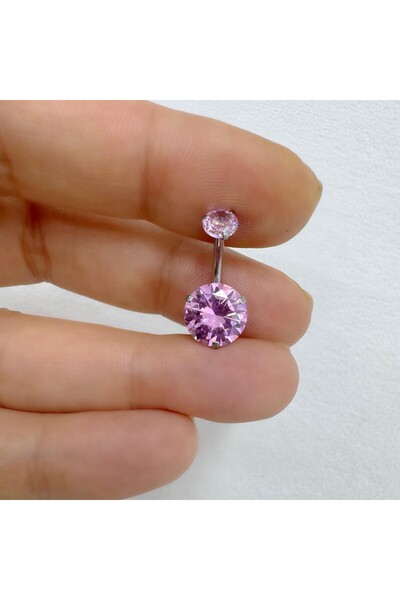 Arescollection cerrahi çelik büyük (10 mm ) pembe zirkon taşlı göbek piercingi