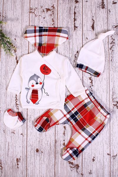Demin Plaid Penguin Patterned 5-Piece Men's Hospital Exit with Scarf
