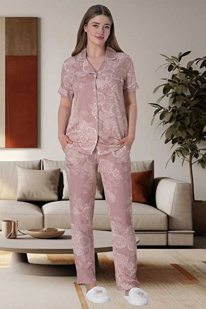NightLove طقم بيجامة نسائي بنمط زهور Mecit Pijama 6014 بأزرار من الأعلى