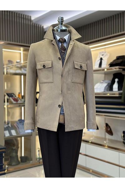 TerziAdemAltun Palton pentru bărbați din piele de căprioară, în stil italian, slim fit, cu gât polo, bej T10815