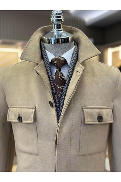 TerziAdemAltun Palton pentru bărbați din piele de căprioară, în stil italian, slim fit, cu gât polo, bej T10815