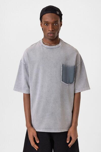 Vamos Washed Oversize T-Shirt with Pocket Detail Gray