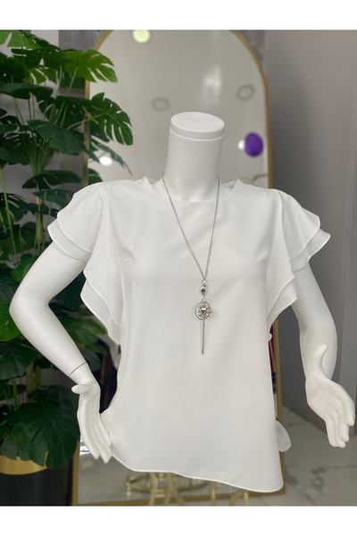 Anka Kolları Volanlı Krep Şifon Bluz