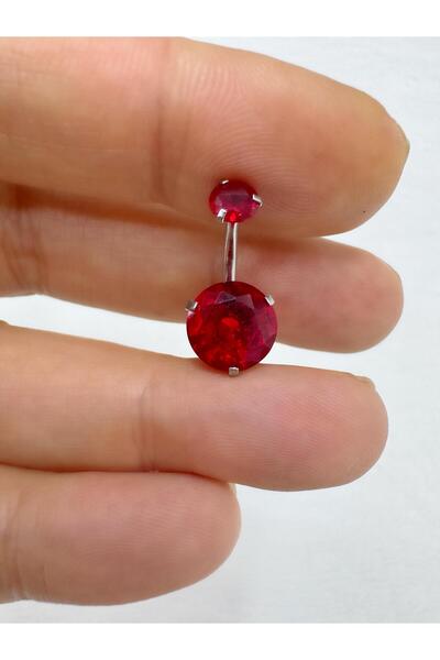 Arescollection cerrahi çelik büyük (10 mm ) kırmızı zirkon taşlı göbek piercingi