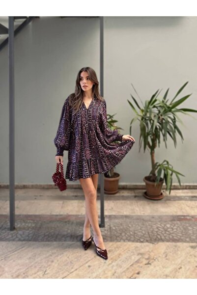 Violet Etnik Desen Astarlı Şifon Mini Elbise