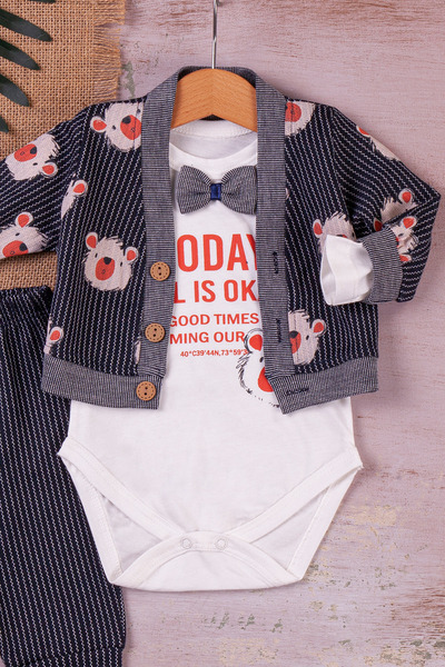 Eng 3-Piece Baby Boy Set with Bow Tie and Bear Striped Model Jacket