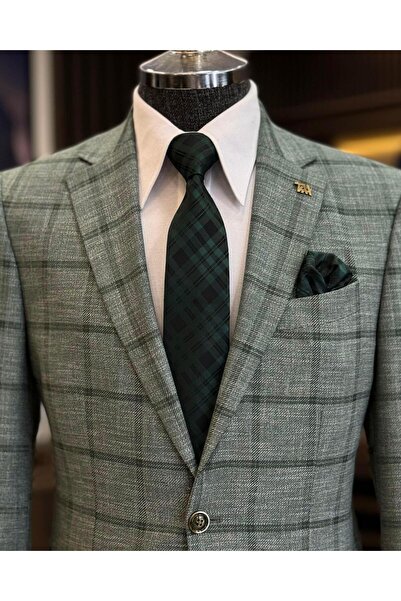 TerziAdemAltun jachetă pentru bărbați în carouri cu guler mono, cu croială clasică, verde T12501