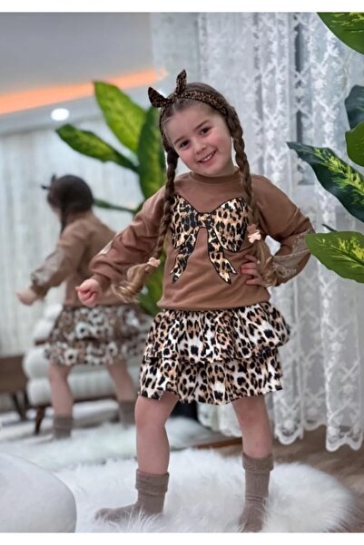 Nehirim Kids Kız Çocuk Uzun Kollu Leopar Desenli Salopet Mevsimlik ve Kışlık Elbise (3-4-5-6-7-8-9-10 YAŞ)