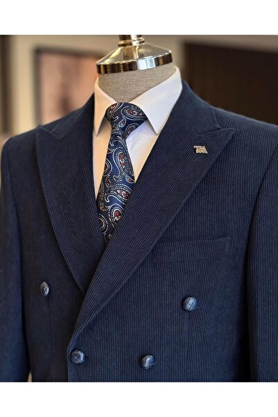 TerziAdemAltun Italian Style Slim Fit Velvet Double Breasted Single Jacket Navy Blue T13039