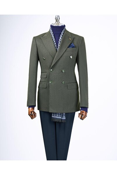 TerziAdemAltun Ανδρικό μπουφάν χακί T13292 με λεπτή εφαρμογή διπλό με μυτερό γιακά