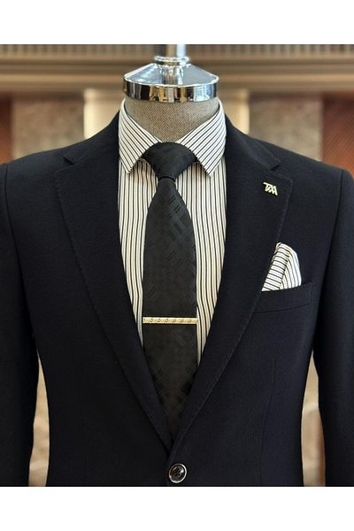 TerziAdemAltun Jachetă pentru bărbați în stil italian slim fit mono guler cu buzunar negru T10343