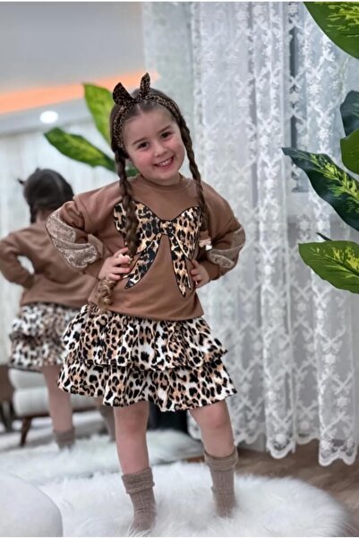 Nehirim Kids Kız Çocuk Uzun Kollu Leopar Desenli Salopet Mevsimlik ve Kışlık Elbise (3-4-5-6-7-8-9-10 YAŞ)