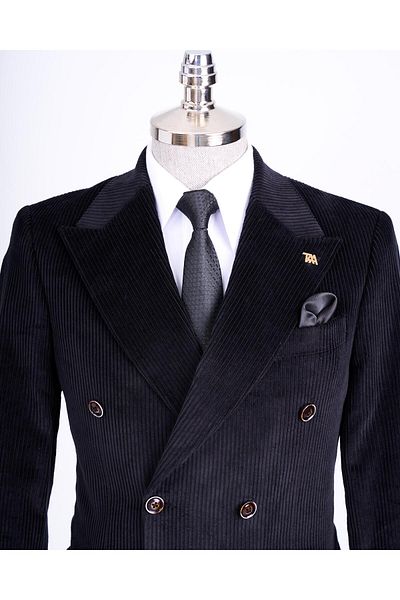 TerziAdemAltun Italian Style Slim Fit Velvet Double Breasted Single Jacket Black T13451