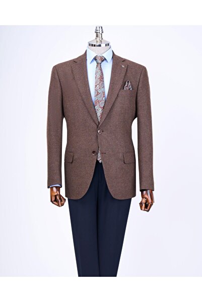 TerziAdemAltun Ανδρικό μονό σακάκι καφέ μονό γιακά 4 σταγόνων ιταλικού στυλ T13534