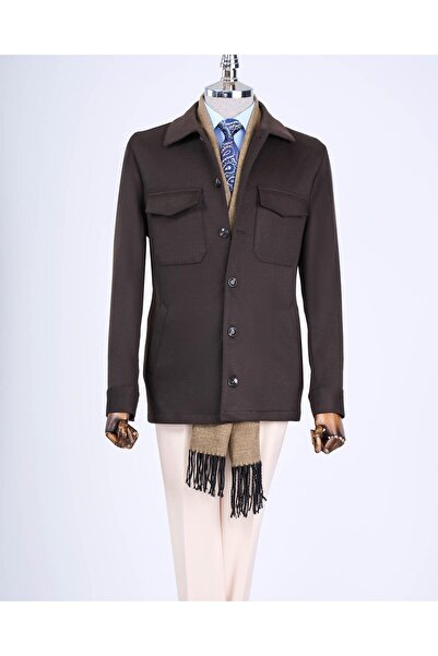 TerziAdemAltun Ανδρικό καφέ Slim Fit Αθλητικό Μονό Μπουφάν Ιταλικού στυλ - T13478