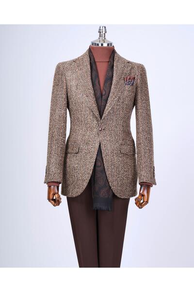 TerziAdemAltun Ανδρικό μονό μπουφάν καφέ T13594 με λεπτή εφαρμογή μονό γιακά ιταλικού στυλ