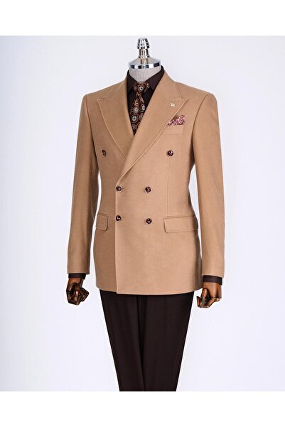 TerziAdemAltun Ανδρικό μονό μπουφάν βελούδινο ιταλικού στυλ slim fit camel T13183