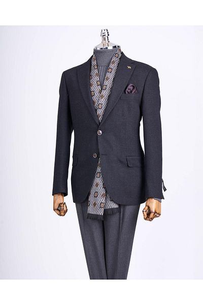 TerziAdemAltun Jachetă unică pentru bărbați, slim fit, în stil italian, cu guler mono, negru T13485