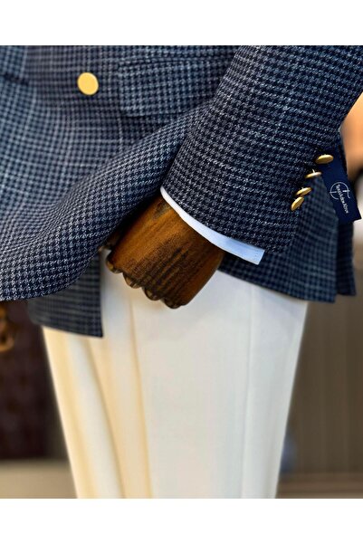 TerziAdemAltun Italian style slim fit houndstooth double-breasted men's jacket navy blue T12554