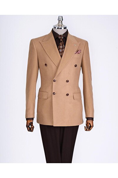 TerziAdemAltun Ανδρικό μονό μπουφάν βελούδινο ιταλικού στυλ slim fit camel T13183