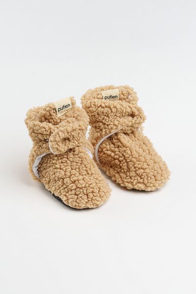 pufien Non-Slip Sole Baby Slippers – Beige Slippers with Plush and Sweat-Proof Organic Cotton Lining