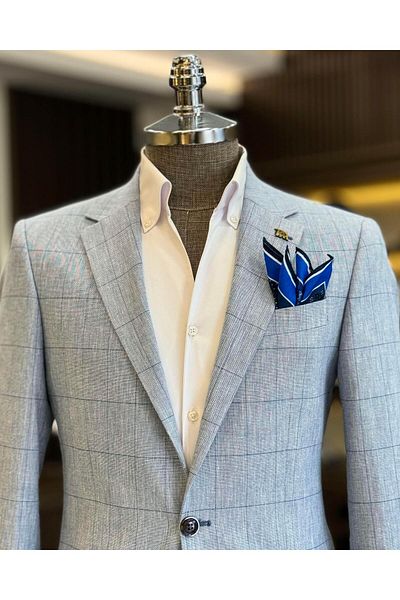TerziAdemAltun Ανδρικό καρό ανδρικό μπουφάν slim fit ιταλικού στυλ μπλε T12548