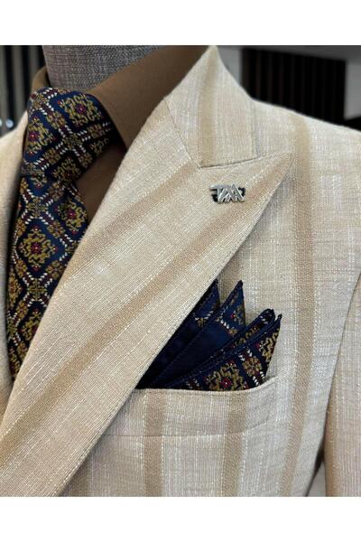 TerziAdemAltun Italian Style Slim Fit Striped Double Breasted Men's Jacket Beige T12069