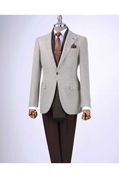 TerziAdemAltun Jachetă unică pentru bărbați, în stil italian, slim fit, mono rever, bej T13541