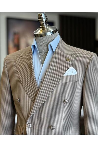 TerziAdemAltun Italian Style Slim Fit Double Breasted Men's Coat Brown T12628