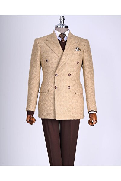 TerziAdemAltun Beige Men's Slim Fit Herringbone Patterned Double Breasted Jacket - T13430