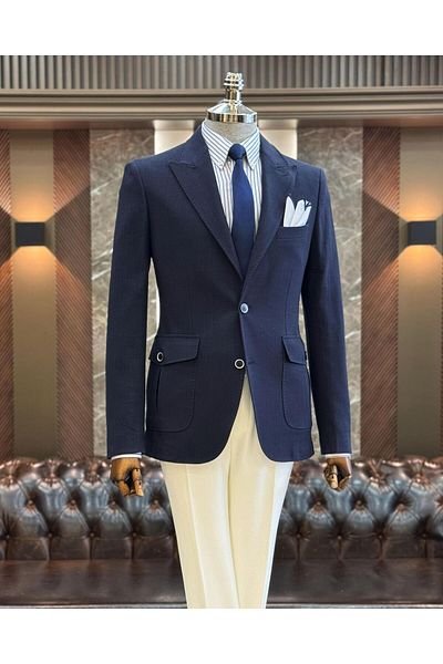 TerziAdemAltun Jachetă pentru bărbați din in, slim fit, în stil italian, albastru bleumarin T11671