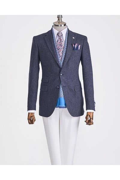 TerziAdemAltun Jachetă unică pentru bărbați, în stil italian, slim fit, cu guler mono, albastru închis T13349