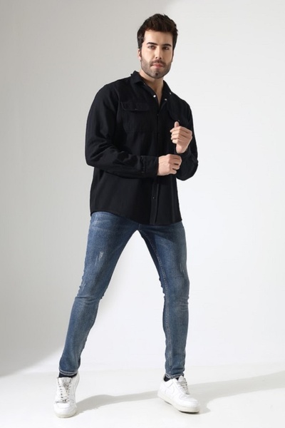 Peille Men's Gabardine Fabric Black Snap Tie Oversize Large Size Shirt 2XL 3XL 4XL