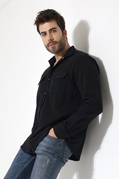 Peille Men's Gabardine Fabric Black Snap Tie Oversize Large Size Shirt 2XL 3XL 4XL