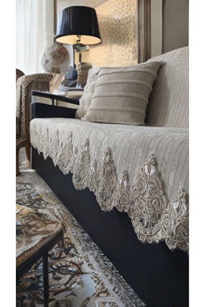 baladı home ev tekstil home collection Bej Dantelli Çekyat Koltuk Örtüsü Lüks Mode Süngerli Kaymaz Taban Kadife Çizgili
