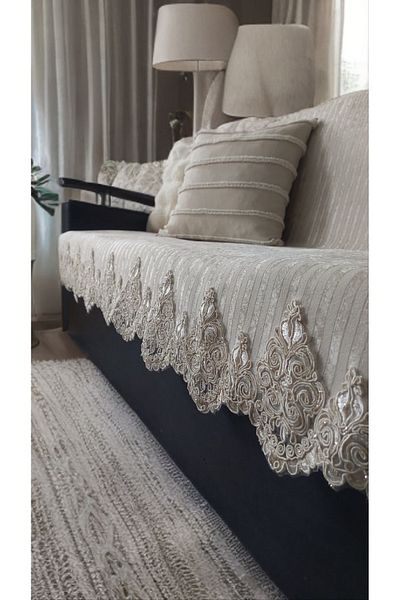 baladı home ev tekstil home collection Husa de canapea extensibila din dantela bej, baza anti-alunecare in mod de lux