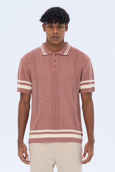 İLKCET MODA Ανδρικό πλεκτό μπλουζάκι Premium Oversize με ρίγα μανίκι γιακά