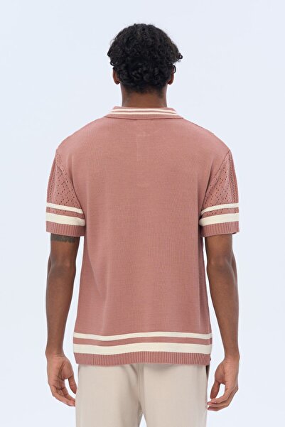 İLKCET MODA Ανδρικό πλεκτό μπλουζάκι Premium Oversize με ρίγα μανίκι γιακά